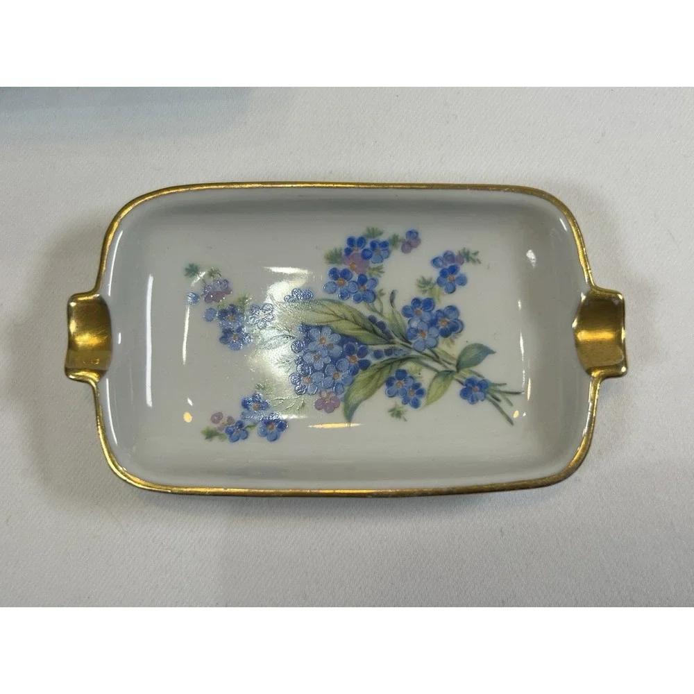 VNG porcelain trinket box and two matching trays Forget Me Not Floral Pattern